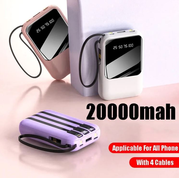 Power Bank Batería Portátil 20000mah carga rápida incorporada con pantalla digital de 4 cables Banco de energía externo