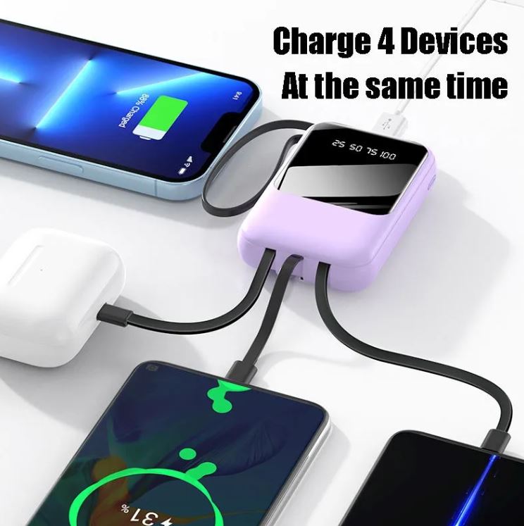 Power Bank Batería Portátil 20000mah carga rápida incorporada con pantalla digital de 4 cables Banco de energía externo
