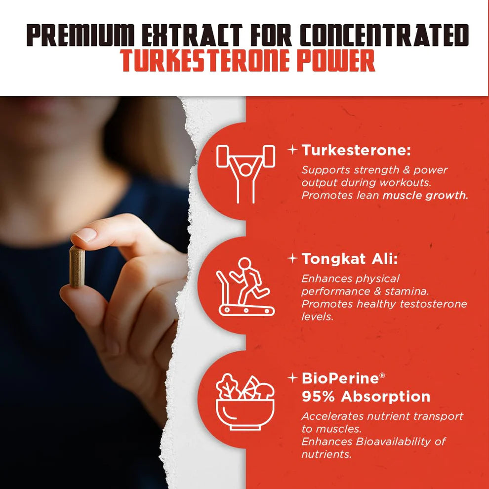 Suplemento Natural de testosterona para hombres – Turkesterona 1500 mg de potencia máxima con Tongkat Ali y BioPerine® + Músculo, recuperación y resistencia – 120 cápsulas