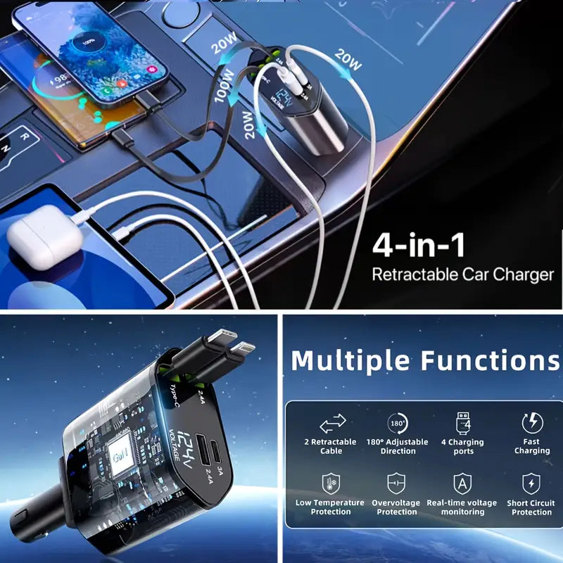 Cargador ULTRA RAPIDO 4 en 1 📱🔋 CABLE RETRACTIL 120W