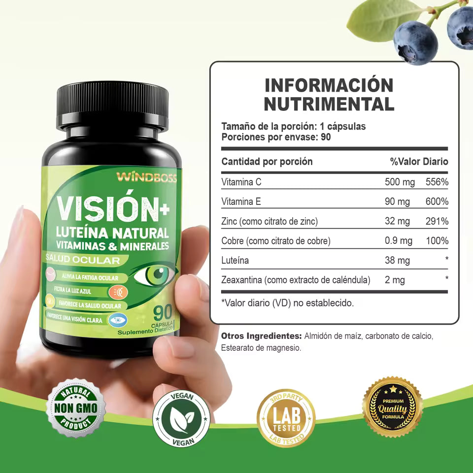 Windboss Cuidado de la Vista con Luteína, Zeaxantina, Zinc y Vitaminas C y E – Protección para la Salud Ocular y la Mácula – 90 Cápsulas