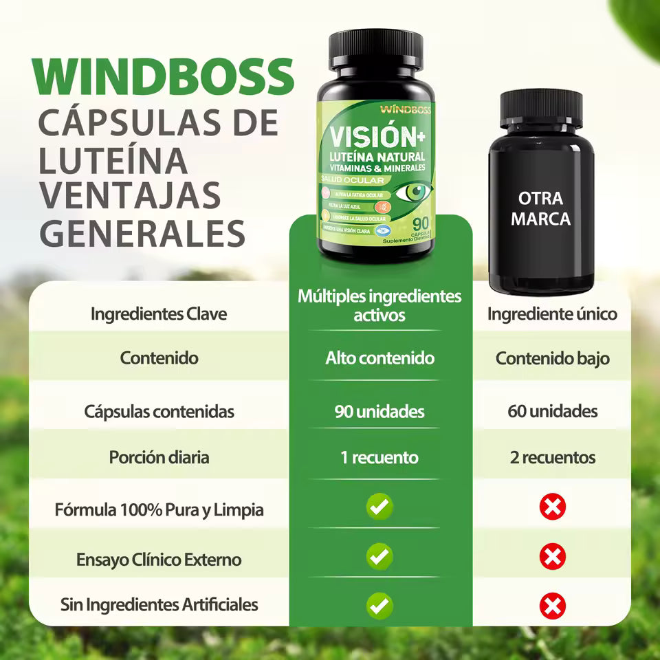 Windboss Cuidado de la Vista con Luteína, Zeaxantina, Zinc y Vitaminas C y E – Protección para la Salud Ocular y la Mácula – 90 Cápsulas