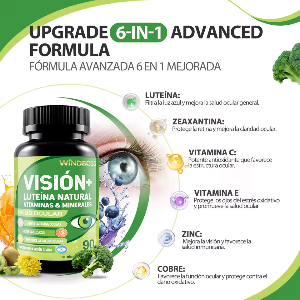 Windboss Cuidado de la Vista con Luteína, Zeaxantina, Zinc y Vitaminas C y E – Protección para la Salud Ocular y la Mácula – 90 Cápsulas