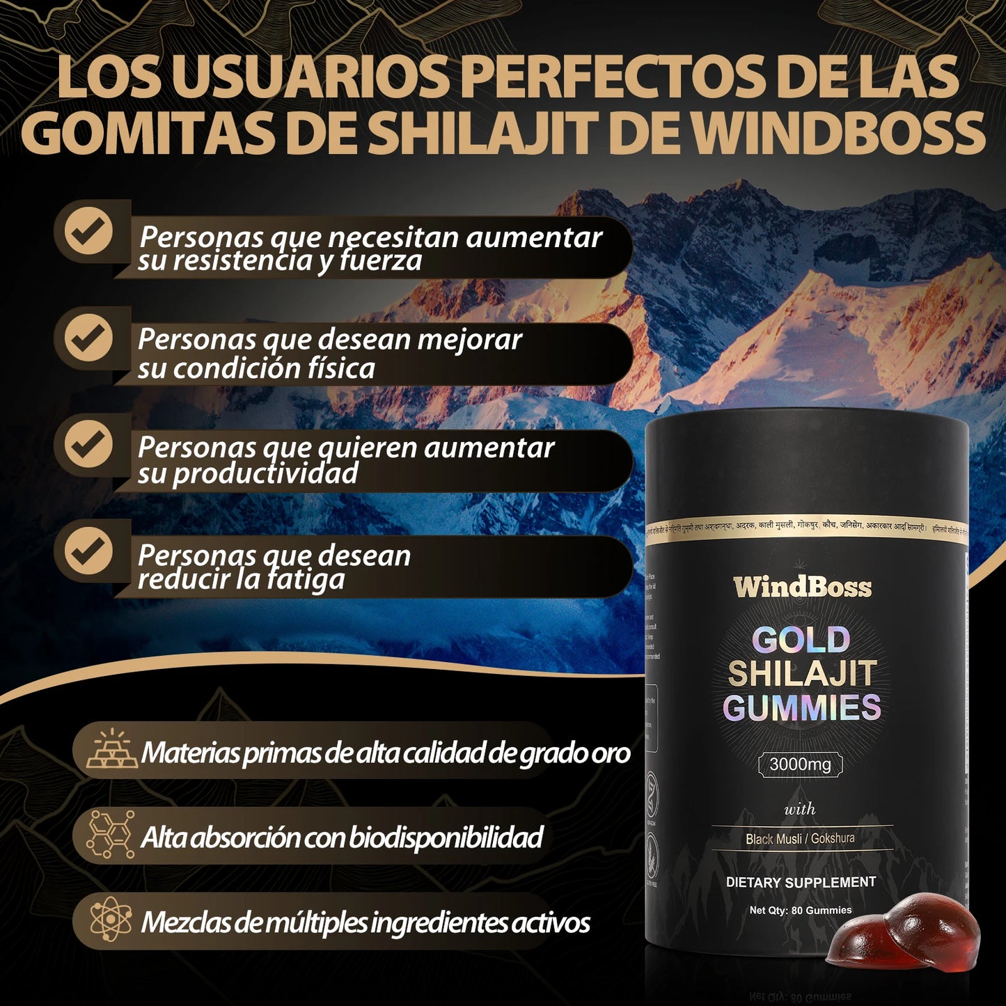 🏔️✨ WindBoss Gold Shilajit Gummies – 3000mg de Energía del Himalaya ✨🏔️ (Grado Oro)