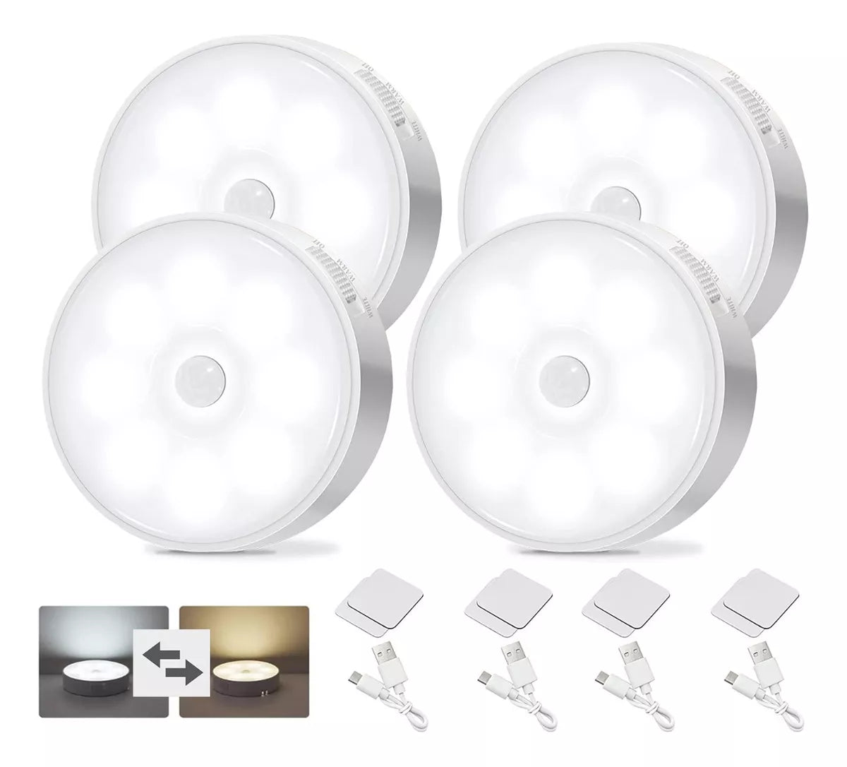 Luz De Noche Con Sensor De Movimiento Recargable Por Usb (Pack de 4)