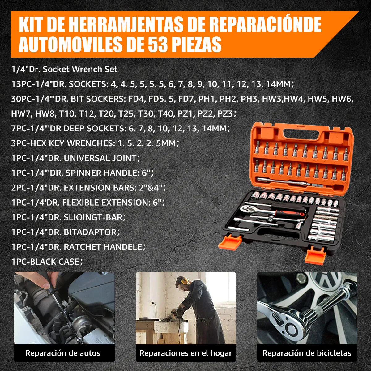 Kit de Llaves de Tubo Hexagonal Interno de 53 Piezas - Incluye llaves hexagonal internas, tubos y llaves de trinquete