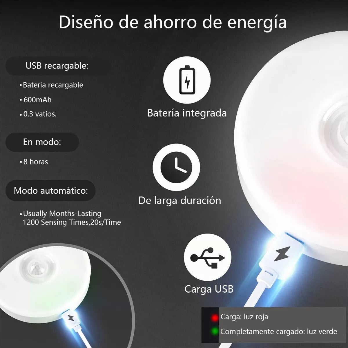 Luz De Noche Con Sensor De Movimiento Recargable Por Usb (Pack de 4)