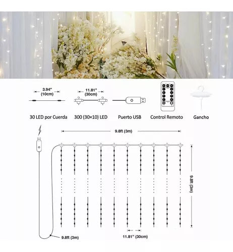 Cortinas de 300 Luces Led Decorativas