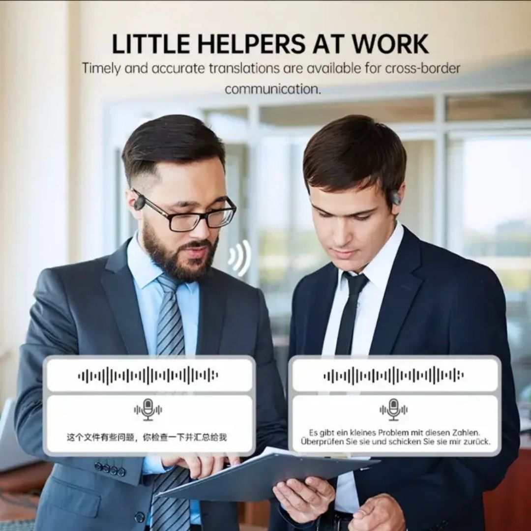 Auriculares traductores inteligentes: traducen hasta 75 idiomas en tiempo real, ideales para viajes, negocios y reuniones. Incluyen asistente de voz e intercomunicador.