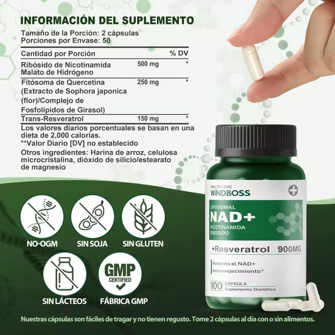 Windboss NAD+ Liposomal NR 900mg con Quercetina y Resveratrol | Suplemento Antienvejecimiento y Energía | 100 Cápsulas