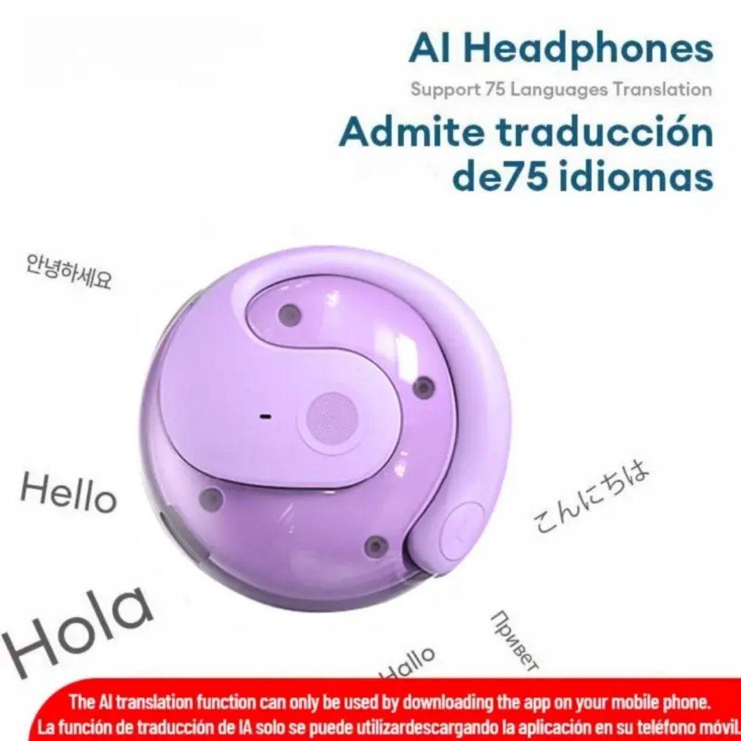 Auriculares traductores inteligentes: traducen hasta 75 idiomas en tiempo real, ideales para viajes, negocios y reuniones. Incluyen asistente de voz e intercomunicador.