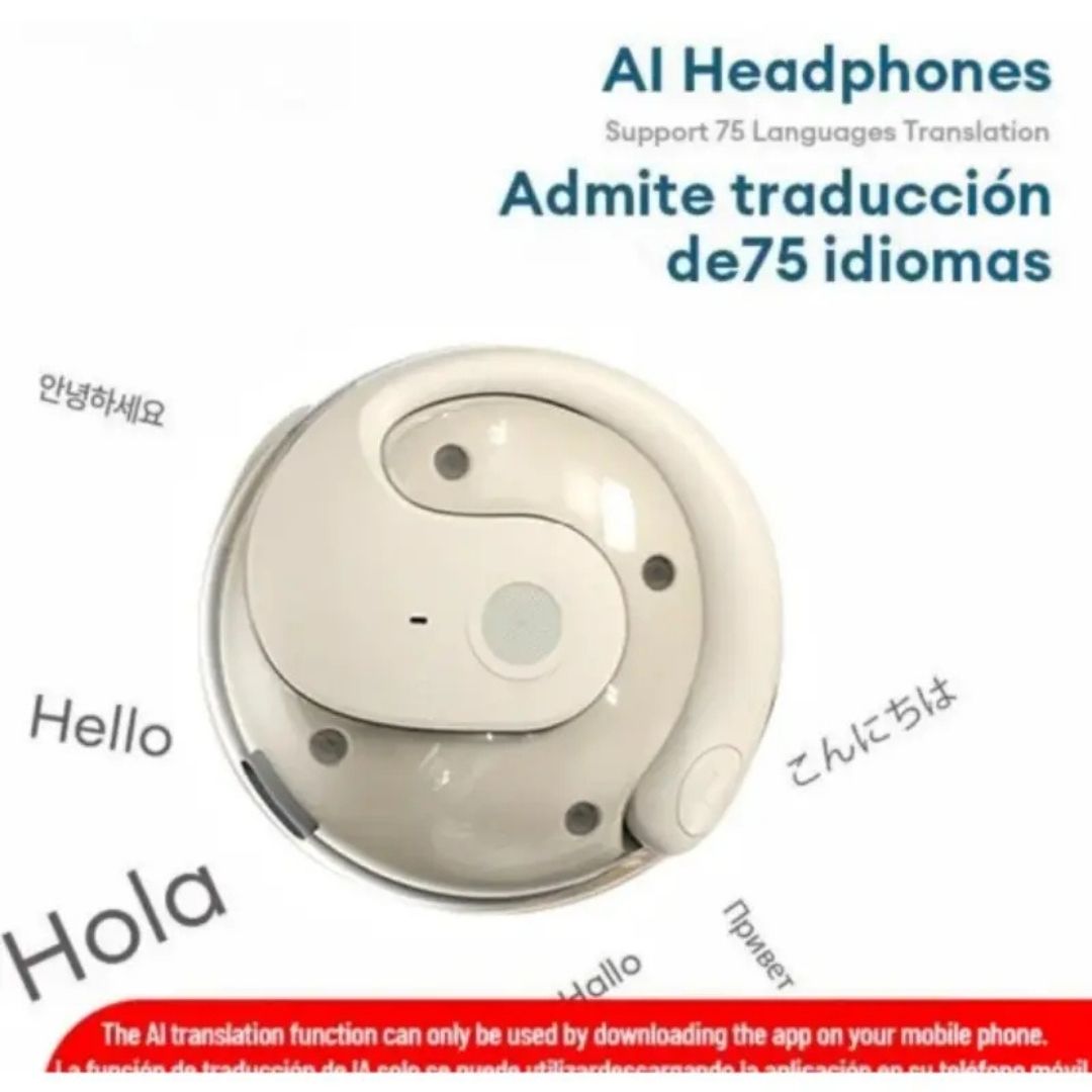 Auriculares traductores inteligentes: traducen hasta 75 idiomas en tiempo real, ideales para viajes, negocios y reuniones. Incluyen asistente de voz e intercomunicador.