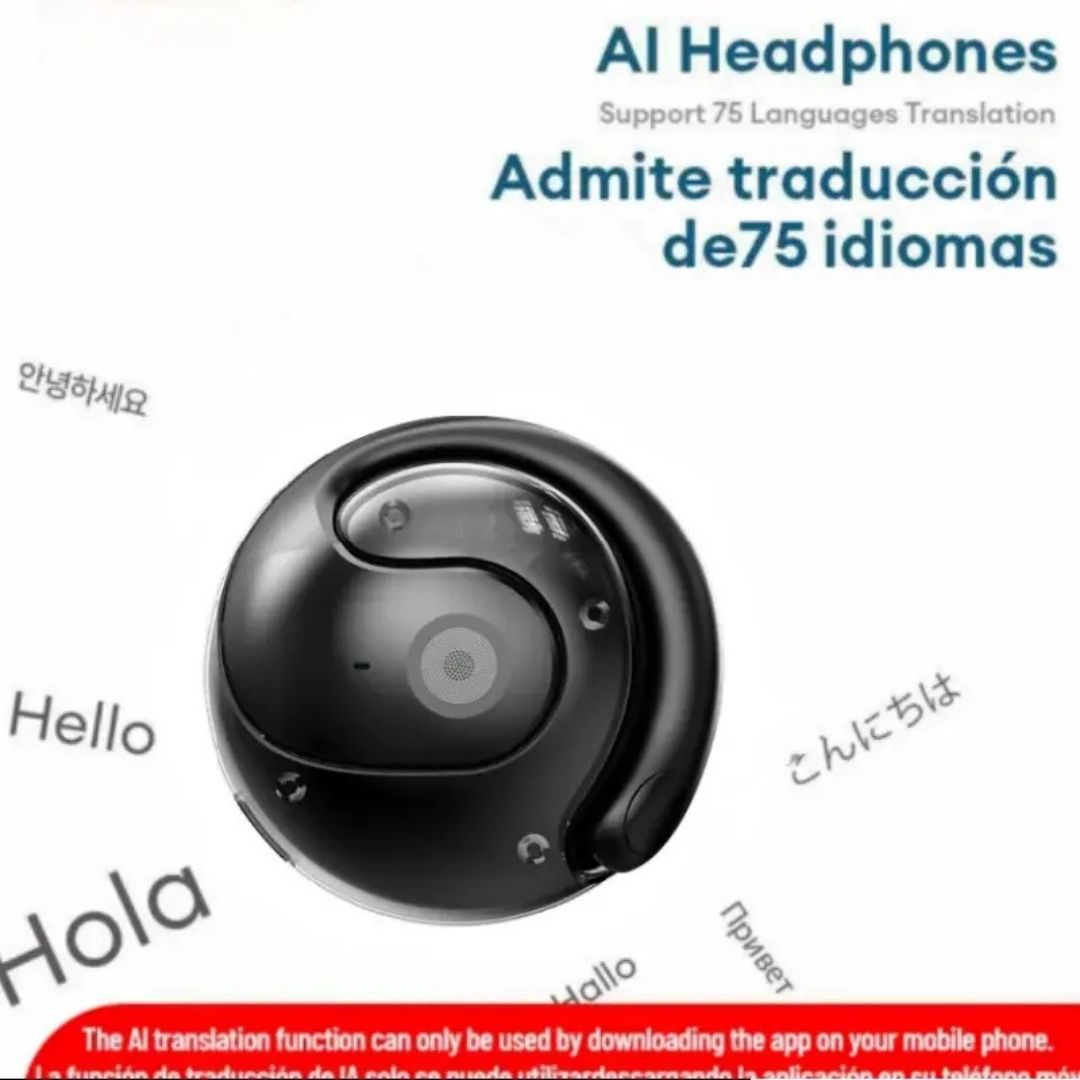 Auriculares traductores inteligentes: traducen hasta 75 idiomas en tiempo real, ideales para viajes, negocios y reuniones. Incluyen asistente de voz e intercomunicador.