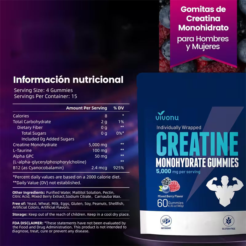 VIVONU Creatina en Gomitas 5000 Mg de Creatina Monohidrata por Porción | Sabor Mestizo de Frutas | Suplemento de Creatina Monohidratada Sin Azúcar (Apto para Hombres y Mujeres) | Suplemento Pre-Entreno Libre de Gluten.