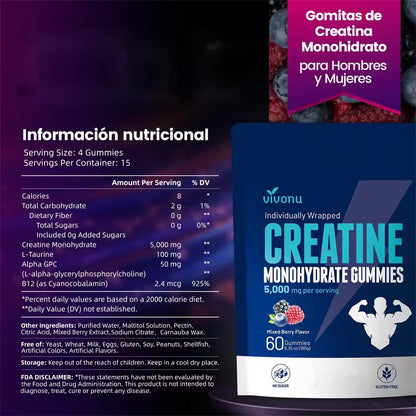 VIVONU Creatina en Gomitas 5000 Mg de Creatina Monohidrata por Porción | Sabor Mestizo de Frutas | Suplemento de Creatina Monohidratada Sin Azúcar (Apto para Hombres y Mujeres) | Suplemento Pre-Entreno Libre de Gluten.
