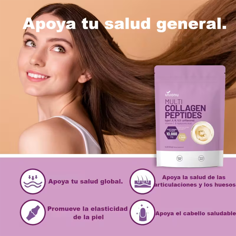 Polvo de colágeno multilayer VIVONU, 1 libra | Contiene tipos de colágeno I, II, III, V y X, así como biotina, ácido hialurónico y vitamina C