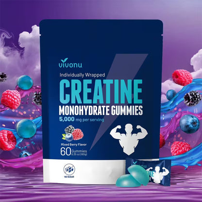 VIVONU Creatina en Gomitas 5000 Mg de Creatina Monohidrata por Porción | Sabor Mestizo de Frutas | Suplemento de Creatina Monohidratada Sin Azúcar (Apto para Hombres y Mujeres) | Suplemento Pre-Entreno Libre de Gluten.