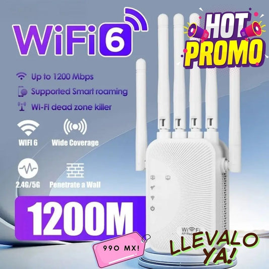 Repetidor Wifi 1200Mbps, Amplificador Inalámbrico Wifi, Extensor de Red 2.4G/5G, Cobertura Total 360° para Hogar y Oficina