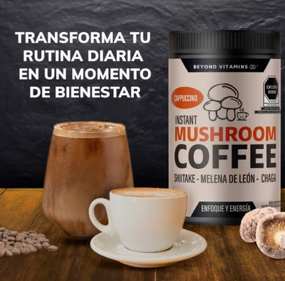 Café Potenciado con Hongos Adaptógenos Melena De León, Chaga y Shiitake | Bajo en Calorías y Bajo Índice Glicémico | Sabor de Capuchino