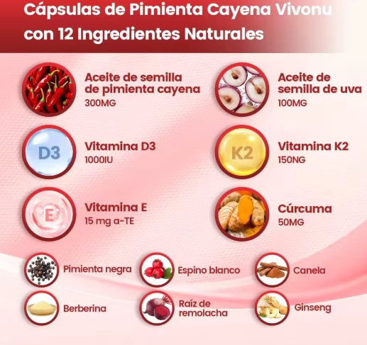 Cápsulas Blandas de Aceite de Chile Ayuda a la digestión, apoya una circulación saludable y es rica en ingredientes naturales de alta calidad, incluyendo vitaminas E, D3, K2, etc. Fórmula Avanzada Vegetal 12 en 1