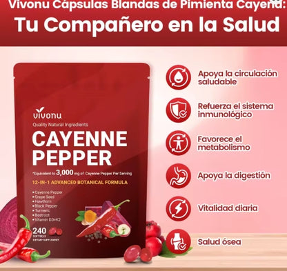 Cápsulas Blandas de Aceite de Chile Ayuda a la digestión, apoya una circulación saludable y es rica en ingredientes naturales de alta calidad, incluyendo vitaminas E, D3, K2, etc. Fórmula Avanzada Vegetal 12 en 1