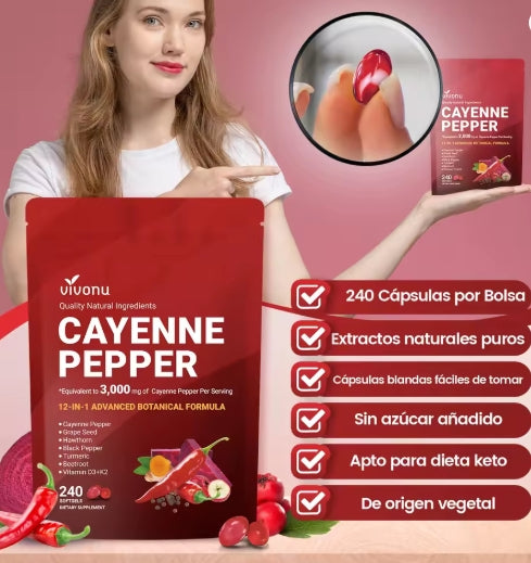 Cápsulas Blandas de Aceite de Chile Ayuda a la digestión, apoya una circulación saludable y es rica en ingredientes naturales de alta calidad, incluyendo vitaminas E, D3, K2, etc. Fórmula Avanzada Vegetal 12 en 1