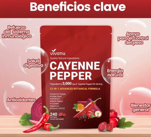 Cápsulas Blandas de Aceite de Chile Ayuda a la digestión, apoya una circulación saludable y es rica en ingredientes naturales de alta calidad, incluyendo vitaminas E, D3, K2, etc. Fórmula Avanzada Vegetal 12 en 1