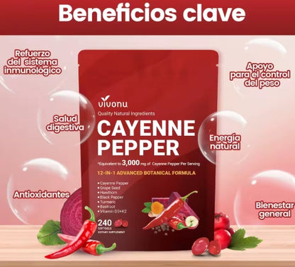 Cápsulas Blandas de Aceite de Chile Ayuda a la digestión, apoya una circulación saludable y es rica en ingredientes naturales de alta calidad, incluyendo vitaminas E, D3, K2, etc. Fórmula Avanzada Vegetal 12 en 1