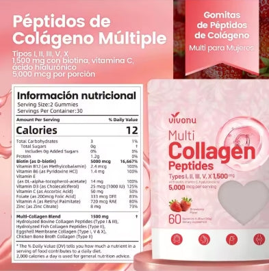 Gomitas de Péptido de Policolágeno, Sin Azúcar, Proteína Hidrolizada de Policolágeno I, II, III, V, X, Biotina, B12 Metilado, Vitamina C, A E D3, B6 para la Piel, Pelo, Uñas, Huesos