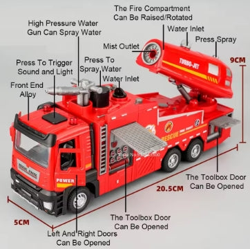 Camión de bomberos con rociador de agua, escala 1:32, modelo de escalera, coches de juguete, sonido, luz, puertas extraíbles, colección de vehículos abiertos, regalo para niños