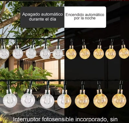 Guirnalda de luces solares de 15 metros, 100 luces LED de bolas de hadas con cristal