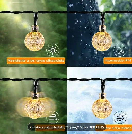 Guirnalda de luces solares de 15 metros, 100 luces LED de bolas de hadas con cristal