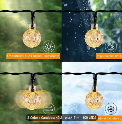 Guirnalda de luces solares de 15 metros, 100 luces LED de bolas de hadas con cristal