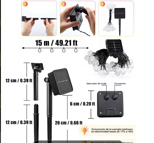 Guirnalda de luces solares de 15 metros, 100 luces LED de bolas de hadas con cristal