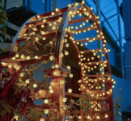 Guirnalda de luces solares de 15 metros, 100 luces LED de bolas de hadas con cristal