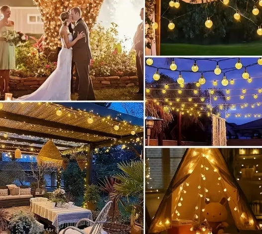 Guirnalda de luces solares de 15 metros, 100 luces LED de bolas de hadas con cristal