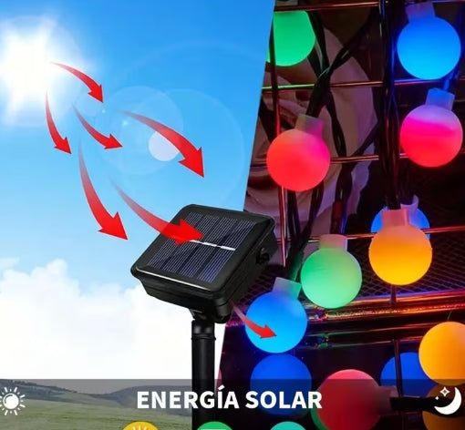 Guirnalda de luces solares de 15 metros, 100 luces LED de bolas de hadas con cristal
