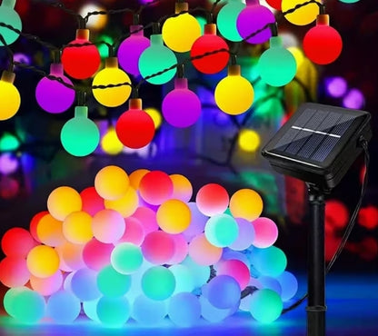 Guirnalda de luces solares de 15 metros, 100 luces LED de bolas de hadas con cristal