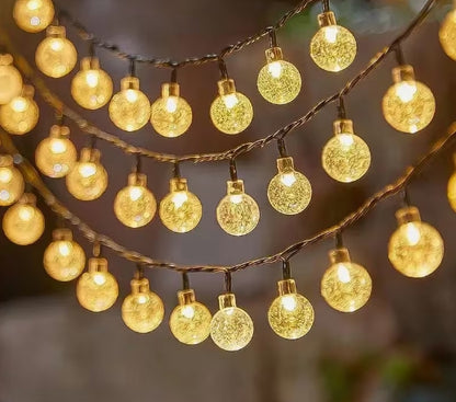 Guirnalda de luces solares de 15 metros, 100 luces LED de bolas de hadas con cristal