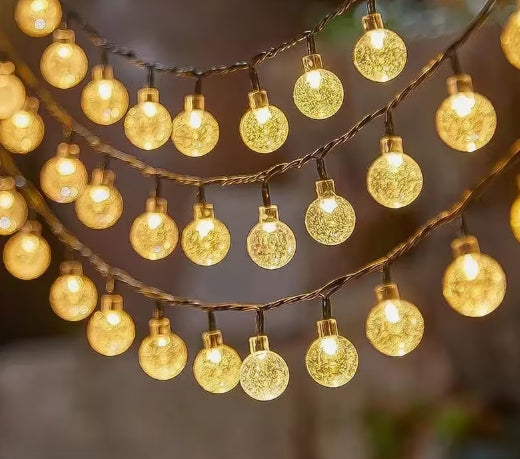 Guirnalda de luces solares de 15 metros, 100 luces LED de bolas de hadas con cristal