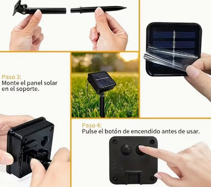 Guirnalda de luces solares de 15 metros, 100 luces LED de bolas de hadas con cristal