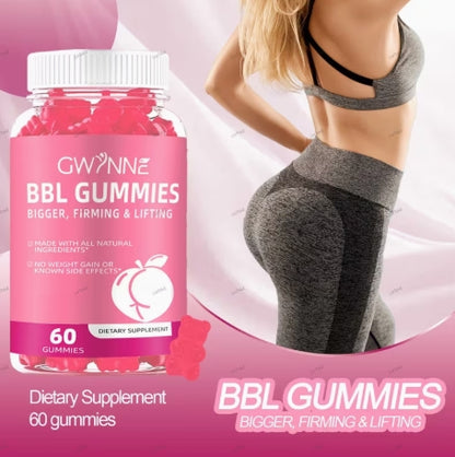 Gwynne BBL Gummies, 60 cápsulas, mejora tus pechos y glúteos, sabor fudge.