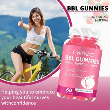 Gwynne BBL Gummies, 60 cápsulas, mejora tus pechos y glúteos, sabor fudge.