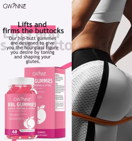 Gwynne BBL Gummies, 60 cápsulas, mejora tus pechos y glúteos, sabor fudge.