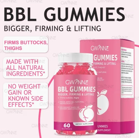 Gwynne BBL Gummies, 60 cápsulas, mejora tus pechos y glúteos, sabor fudge.