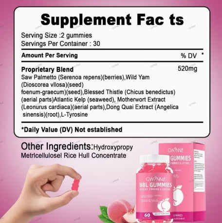 Gwynne BBL Gummies, 60 cápsulas, mejora tus pechos y glúteos, sabor fudge.