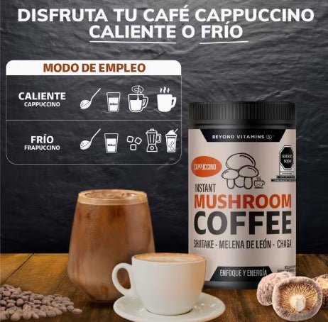 Café Potenciado con Hongos Adaptógenos Melena De León, Chaga y Shiitake | Bajo en Calorías y Bajo Índice Glicémico | Sabor de Capuchino