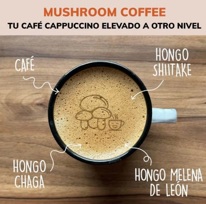 Café Potenciado con Hongos Adaptógenos Melena De León, Chaga y Shiitake | Bajo en Calorías y Bajo Índice Glicémico | Sabor de Capuchino