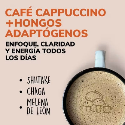 Café Potenciado con Hongos Adaptógenos Melena De León, Chaga y Shiitake | Bajo en Calorías y Bajo Índice Glicémico | Sabor de Capuchino