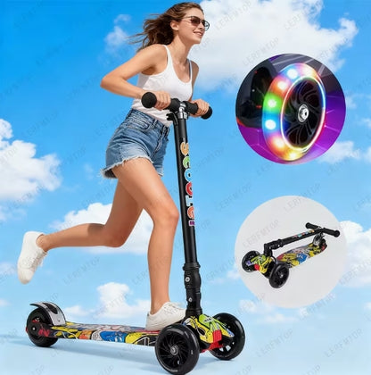 Patinete Diablo con Luces en las Llantas, Patinete Plegable de 3 Ruedas para Niños, Patinete Plegable para Niños con Luces y Frenos Traseros